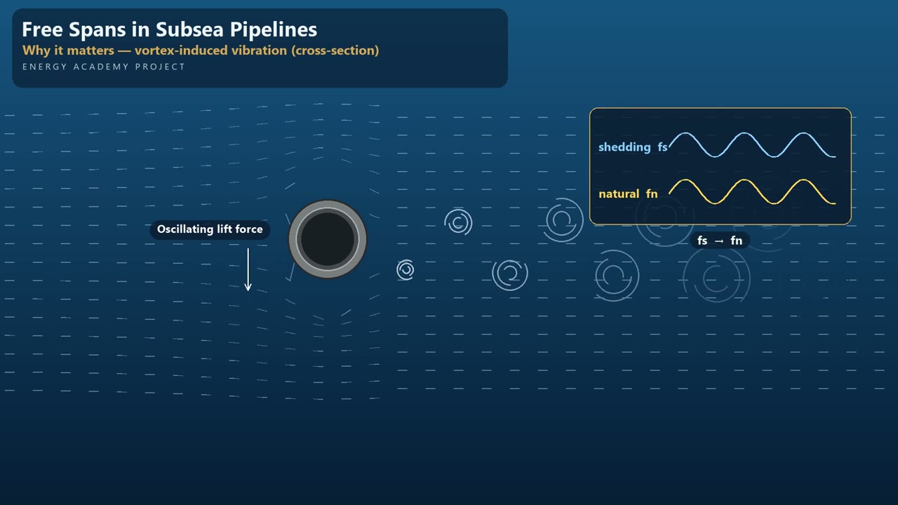 Animated cross-section of a pipeline in current, showing vortex shedding and the oscillating lift force