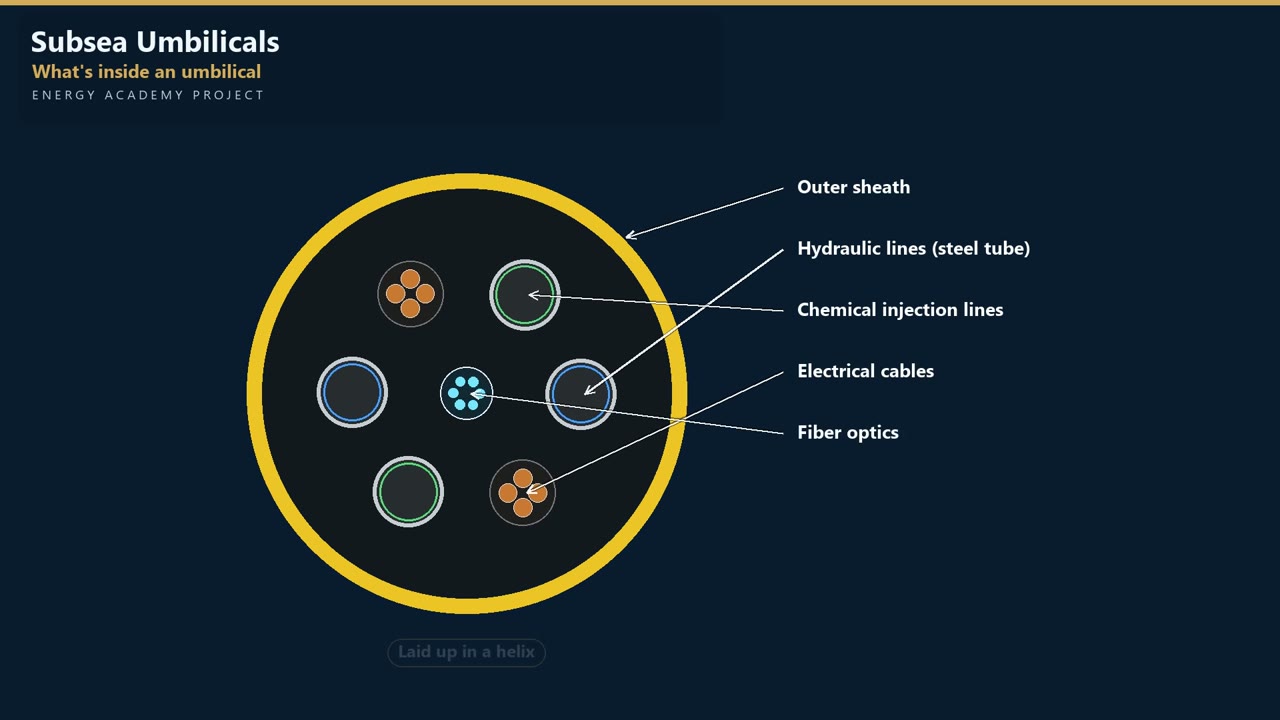 Animated cross-section of a subsea umbilical showing hydraulic steel tubes, chemical injection lines, electrical cables and fibre optics